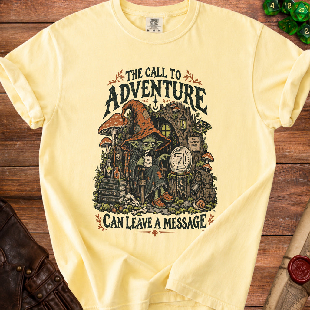 Yellow t-shirt with "The Call to Adventure Can Leave a Message" graphic.