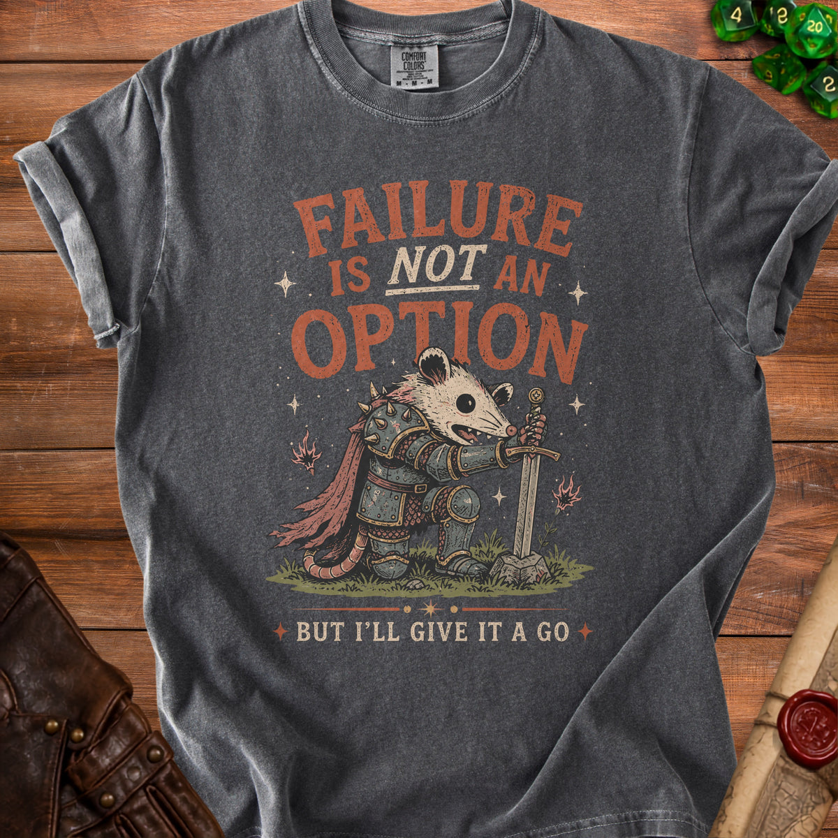 Dark grey t-shirt with a possum knight graphic and text "Failure is not an option but I'll give it a go".