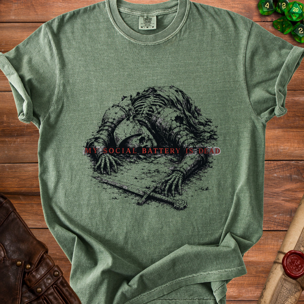 Green t-shirt with skeleton graphic and text "MY SOCIAL BATTERY IS DEAD."