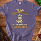 Purple t-shirt with a knight cat and text "I'M NOT IGNORING YOU MY DIALOGUE RAN OUT".