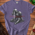 Purple t-shirt with skeleton knight graphic and text "STILL WAITING... nevermind, I'm dead".