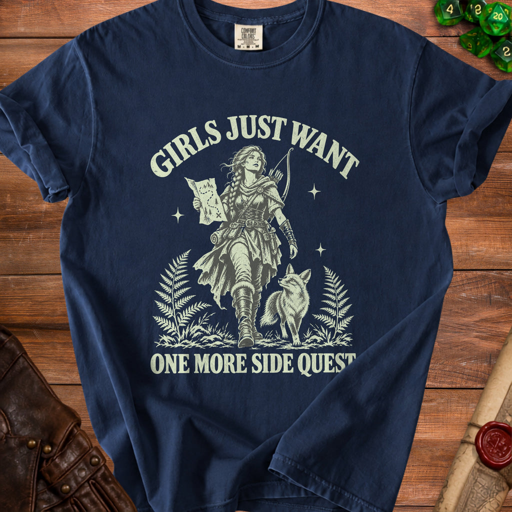 Navy t-shirt with "Girls Just Want One More Side Quest" and adventurer graphic.