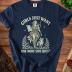 Navy t-shirt with "Girls Just Want One More Side Quest" and adventurer graphic.