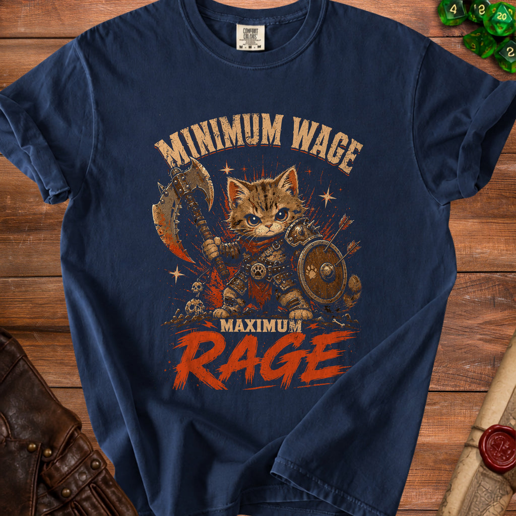 Navy t-shirt featuring a cat warrior with axe and shield, "Minimum Wage Maximum Rage" text.