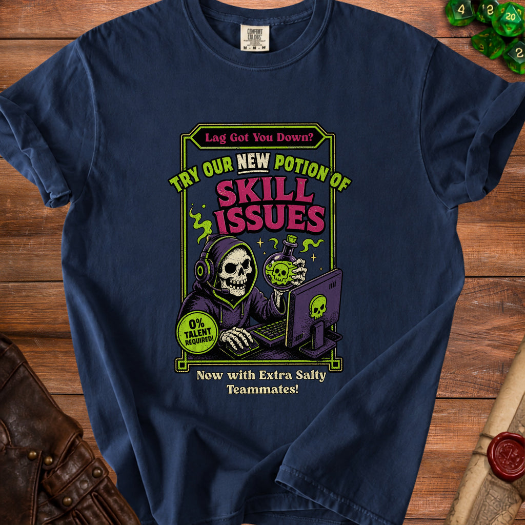 Dark blue t-shirt graphic with skeleton gamer and text: "New Potion of Skill Issues".