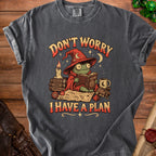 T-shirt with a frog wizard graphic that reads "Don't worry I have a plan".