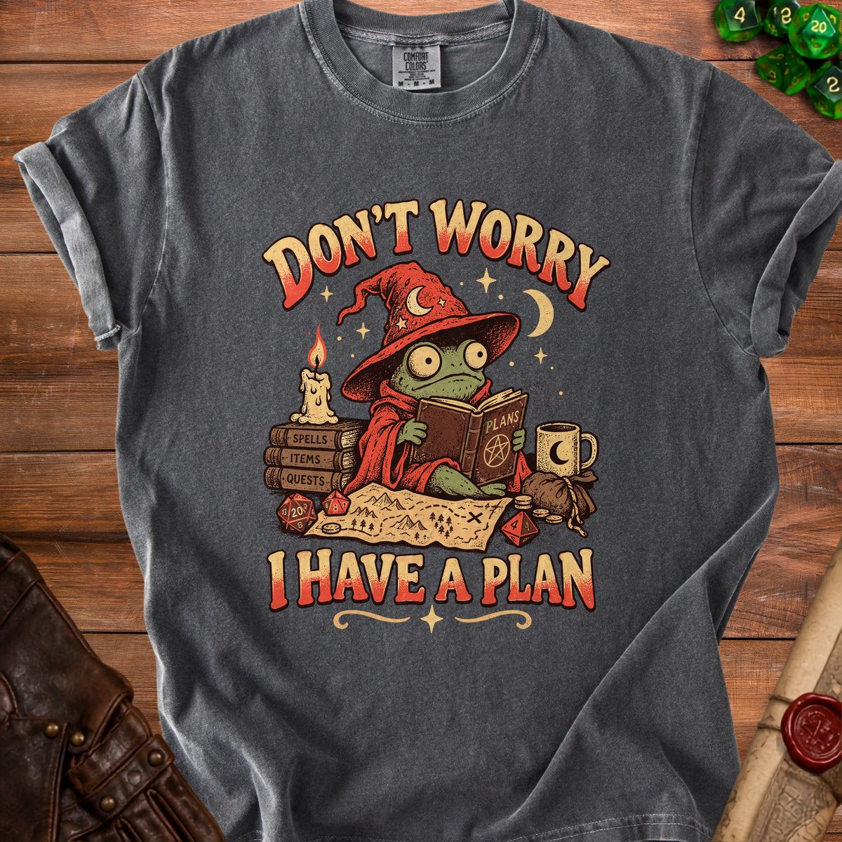 T-shirt with a frog wizard graphic that reads "Don't worry I have a plan".
