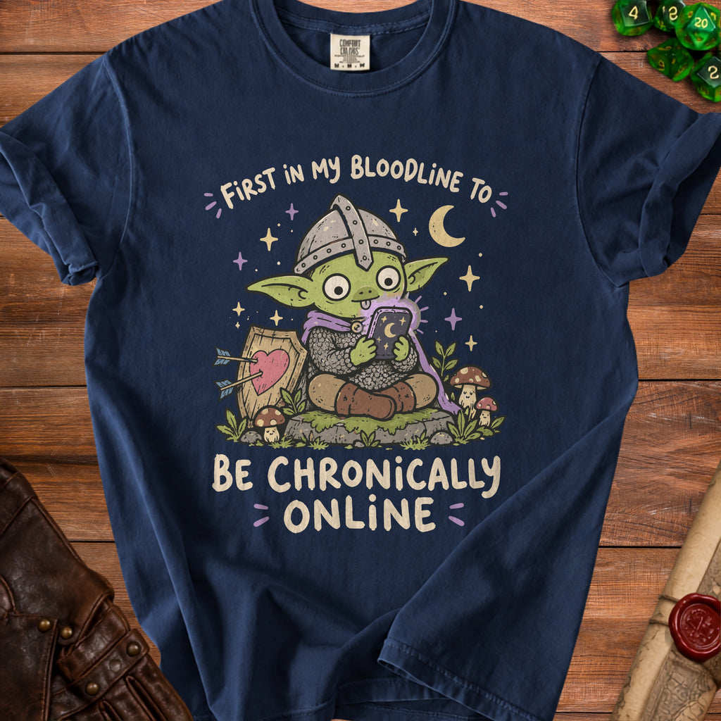 Goblin with shield and phone, "First in my bloodline to be chronically online."