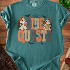 Teal t-shirt with "SIDE QUESTS" text and ghosts holding potion and map.