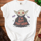 White t-shirt with graphic of a cute vampire saying "I'm not that weird".