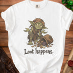 White t-shirt with goblin, dice, key, and "Loot happens." text graphic.
