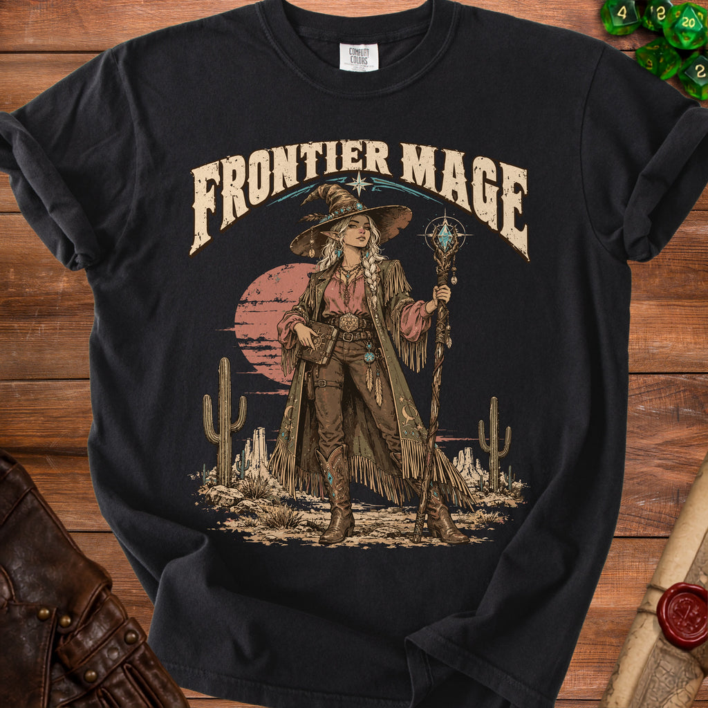 Frontier Mage text over illustration of a fantasy Western mage in a desert.