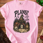 Pink t-shirt with black cat in witch hat, "Plans? I prefer side quests like naps" text.