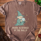 Brown t-shirt with cartoon wizard holding a orb, text reads "MANA IS STORED IN THE BALLS".