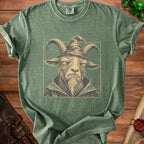 T-shirt with a dark green vintage wash featuring a wizard goat illustration.