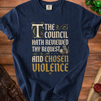 Dark blue t-shirt with medieval text and a cat holding a scroll.