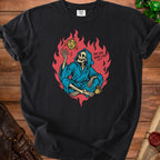 Black t-shirt with skeleton in blue robe juggling dice and text "Roll Now Regret Later".