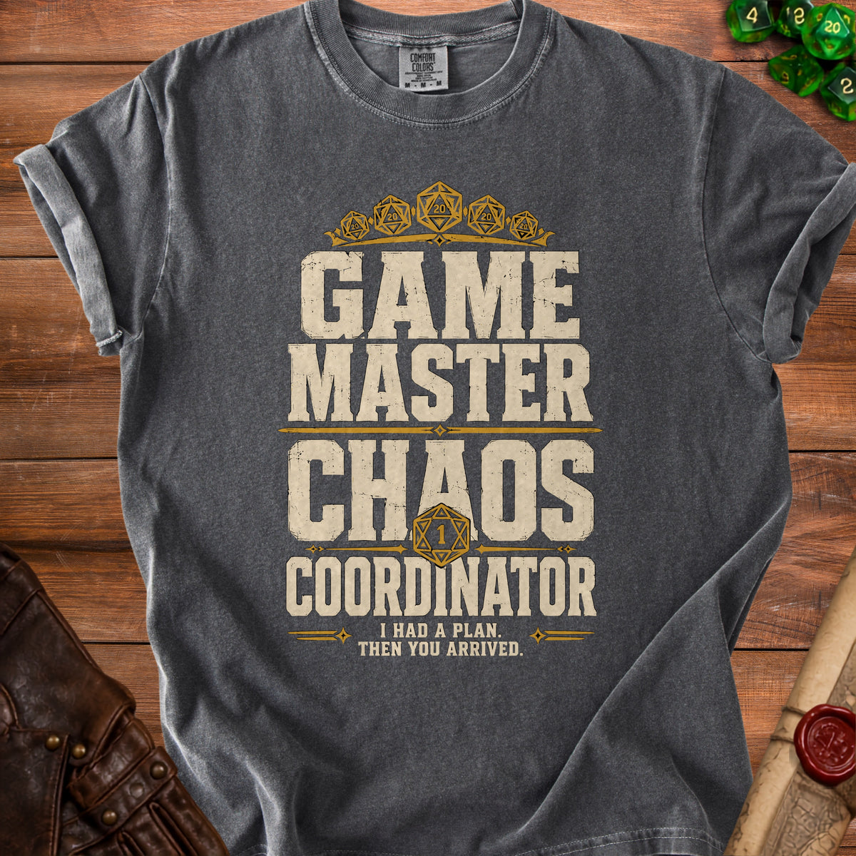 Dark grey t-shirt with "GAME MASTER CHAOS COORDINATOR" text and dice graphics.