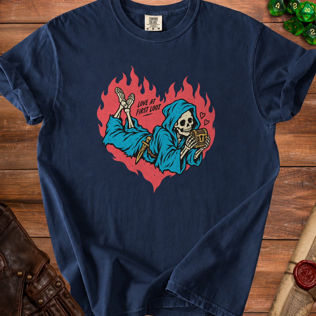Navy t-shirt with a grim reaper holding a treasure chest, "Love at First Loot" text.