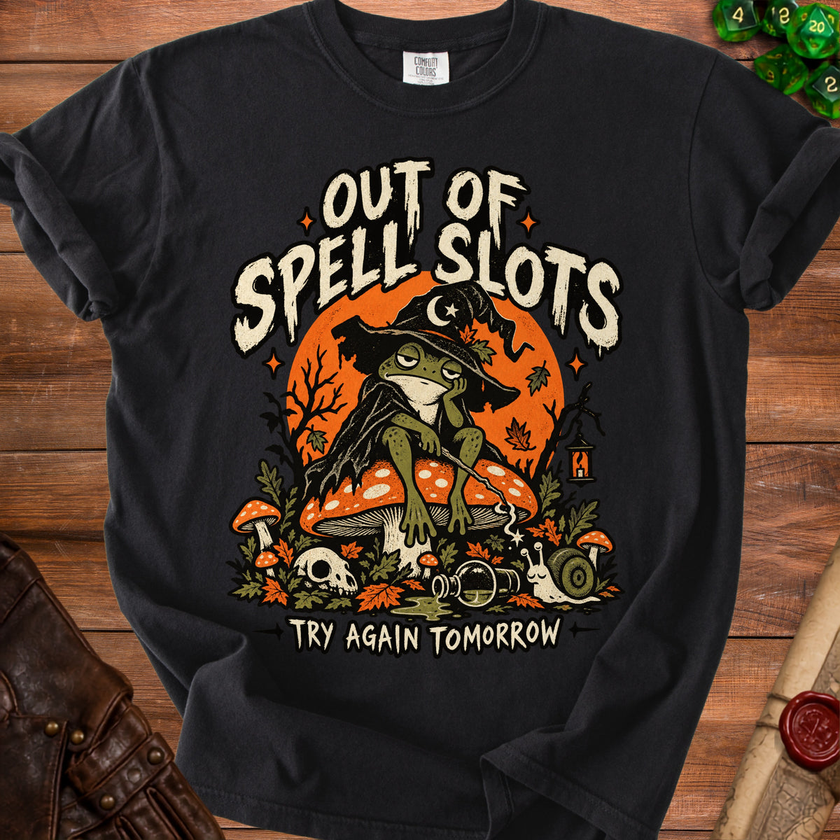 Black t-shirt with "Out of Spell Slots" and frog wizard design.