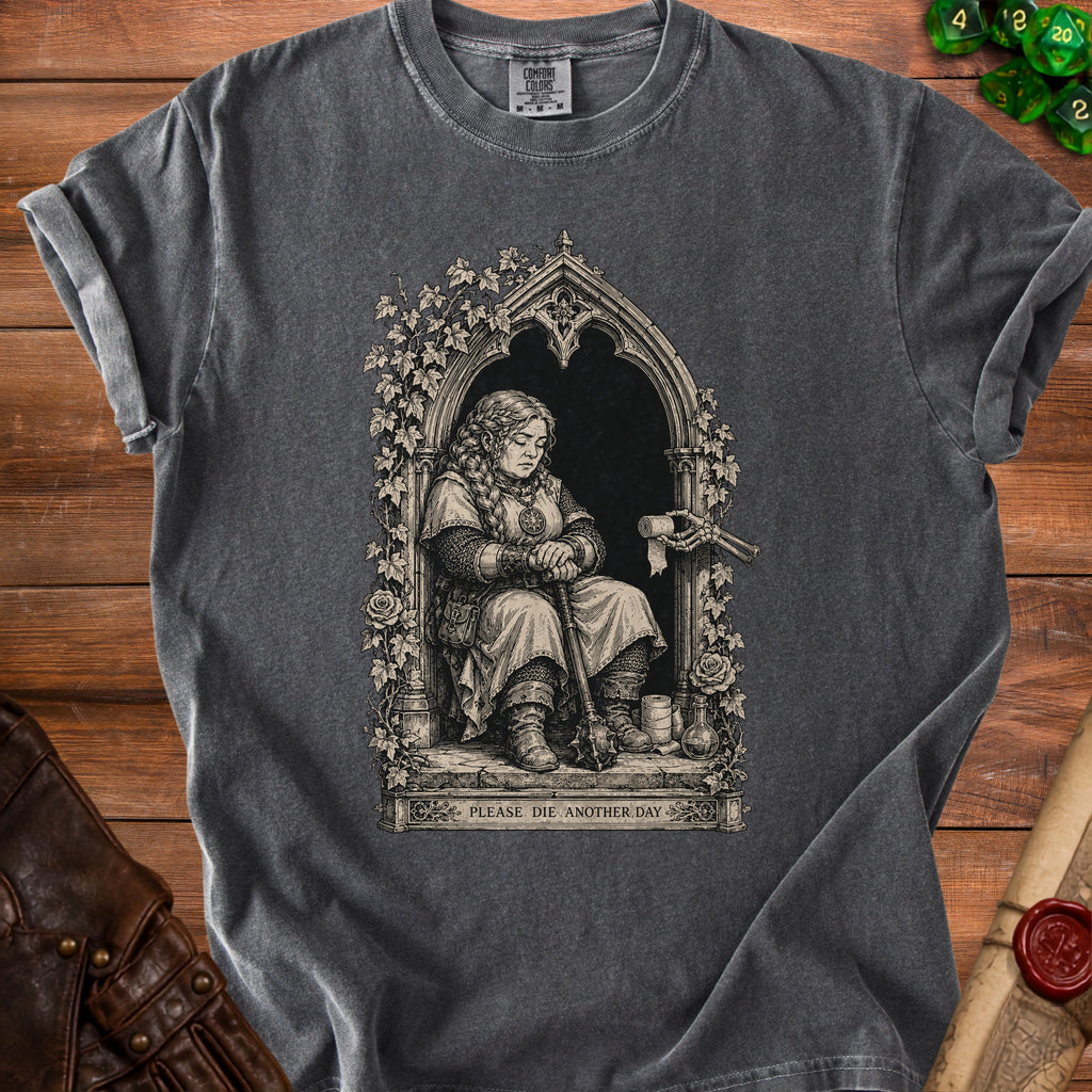 T-shirt with a medieval knight illustration and text "PLEASE DIE ANOTHER DAY".