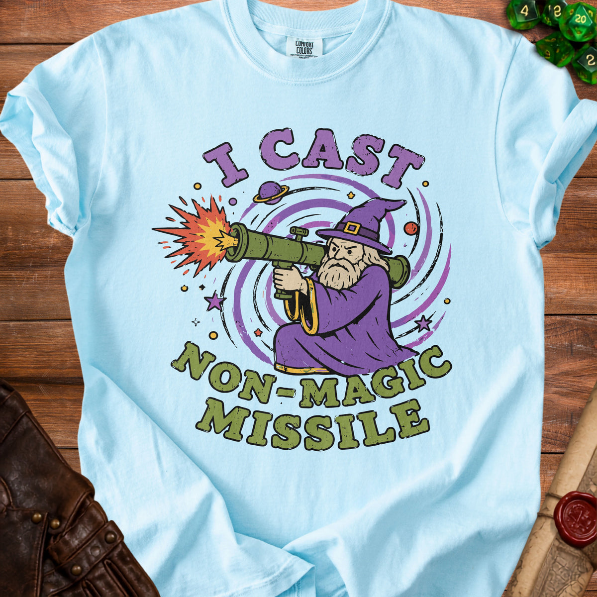 Wizard firing a rocket launcher with text "I CAST NON-MAGIC MISSILE".