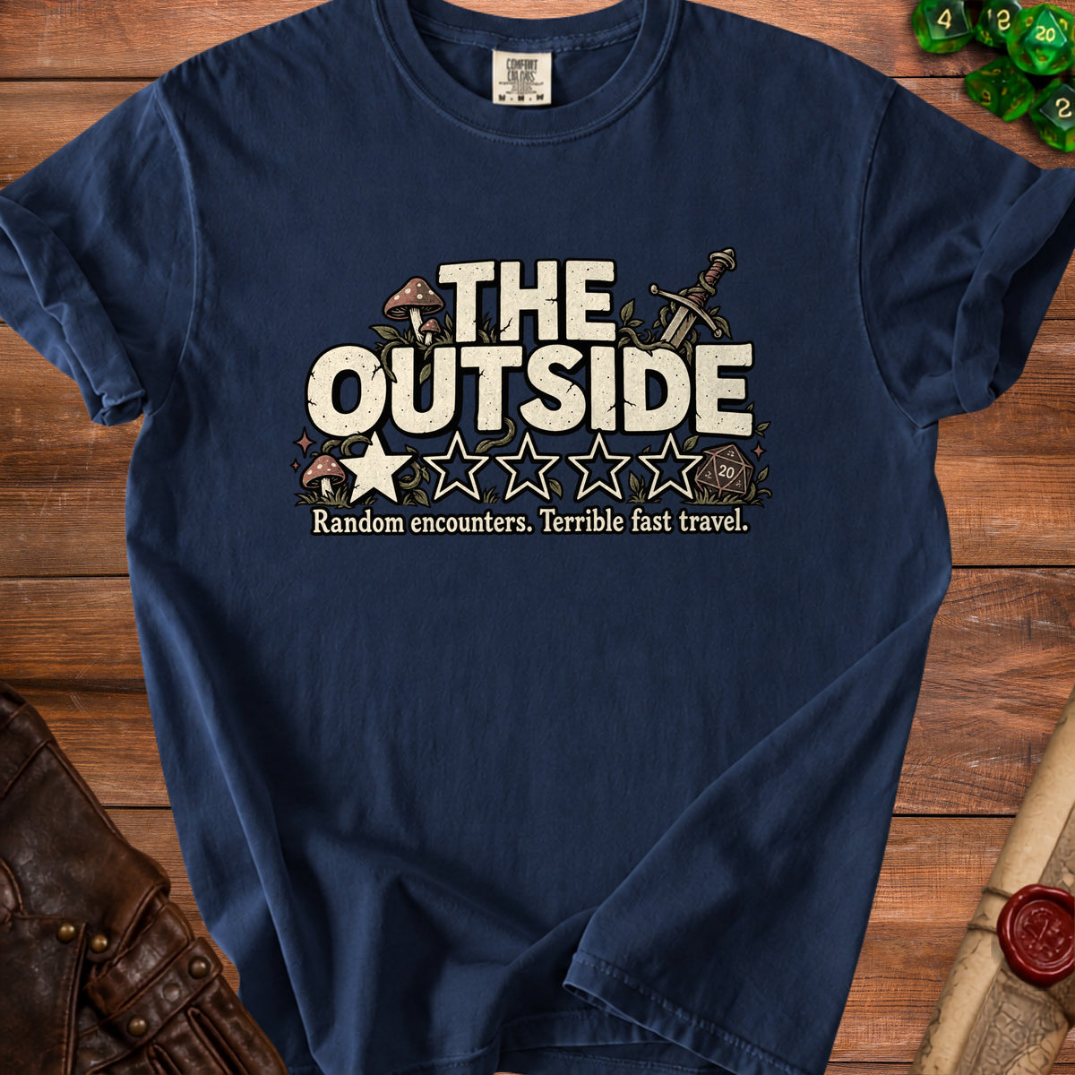 Navy t-shirt with "THE OUTSIDE" text, stars, mushrooms, sword, and dice.