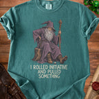 Teal t-shirt with a seated wizard graphic and text "I ROLLED INITIATIVE AND PULLED SOMETHING".