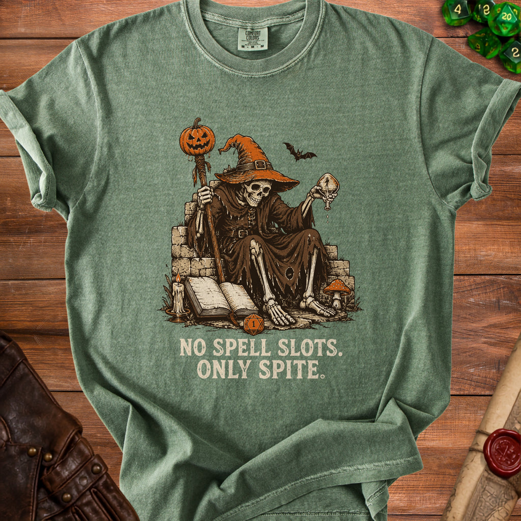 Skeleton in wizard hat with pumpkin staff and skull, "No Spell Slots. Only Spite."