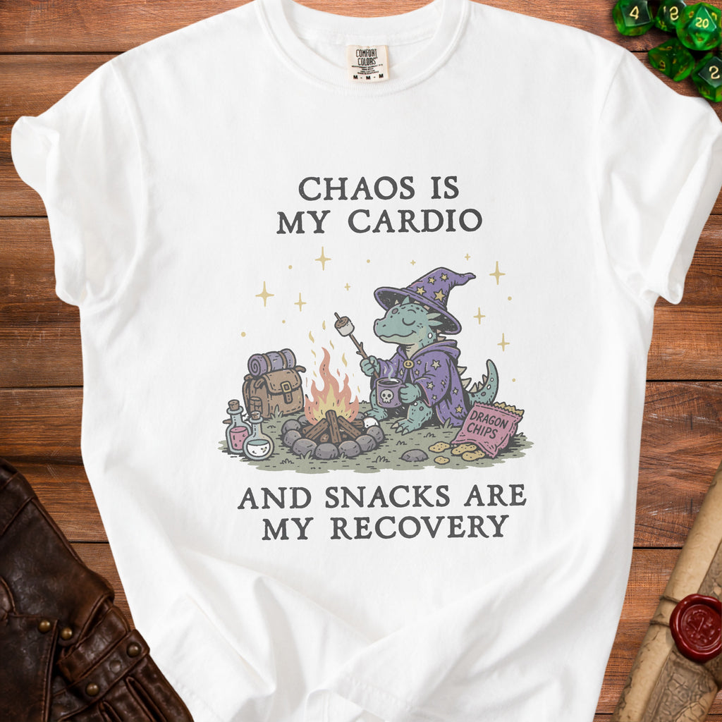 White t-shirt with a wizard dragon roasting marshmallows and text "Chaos is my cardio".