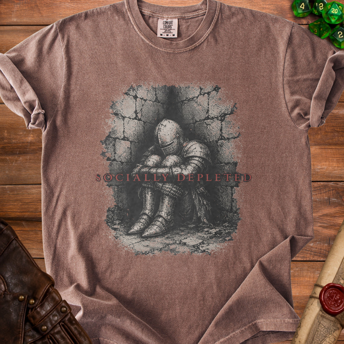Brown t-shirt with knight illustration and "Socially Depleted" text.