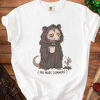White t-shirt with illustration of a possum in a dark robe holding coffee, reading "No More Summons".