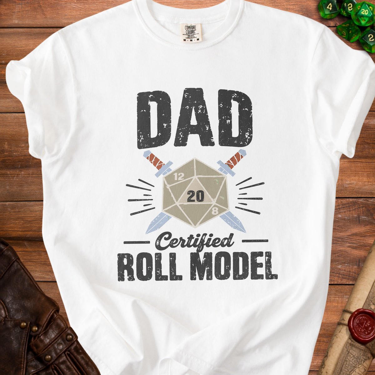 White t-shirt with "DAD Certified ROLL MODEL" text and dice graphic.