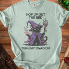 Black cat wizard with staff and text "Hop Up Out The Bed Turn My Swag On".