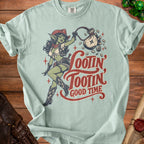 Light blue t-shirt with goblin holding a money bag, text "Lootin' Tootin' Good Time."