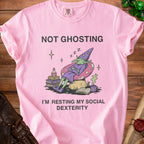 Pink t-shirt with "NOT GHOSTING I'M RESTING MY SOCIAL DEXTERITY" text and a sleeping wizard illustration.