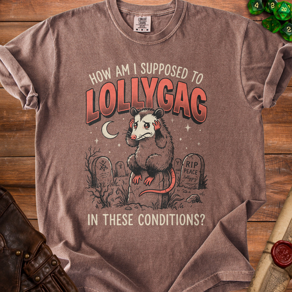 Shirt with an opossum graphic and text "How am I supposed to lollygag in these conditions?".