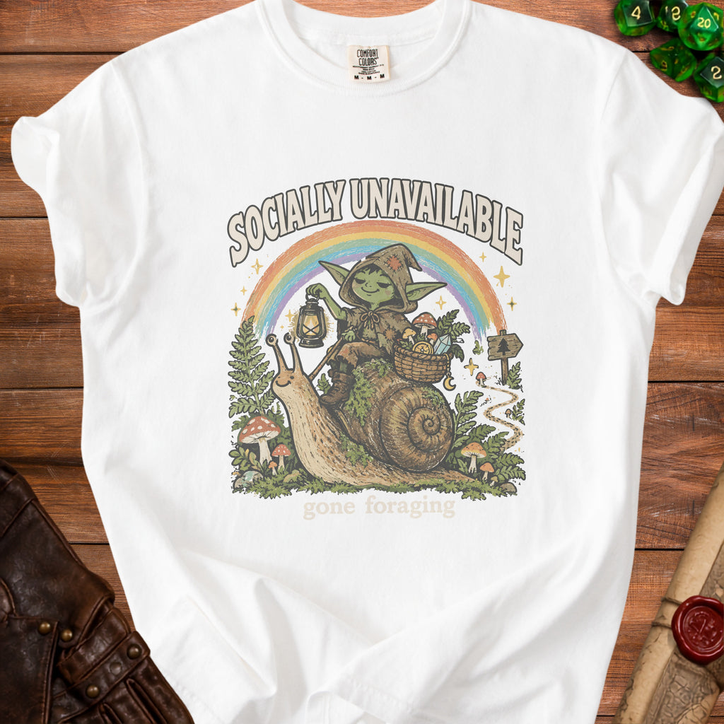 White t-shirt with "Socially Unavailable" text and goblin riding snail design.