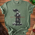 T-shirt graphic: Knight with umbrella in rain, text "OF COURSE"