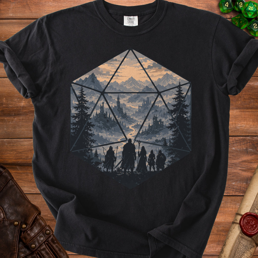 Black t-shirt with a D20 die graphic of an adventuring party in a fantasy landscape.