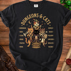 Black t-shirt with "Dungeons & Cats" text and cat characters in fantasy roles.