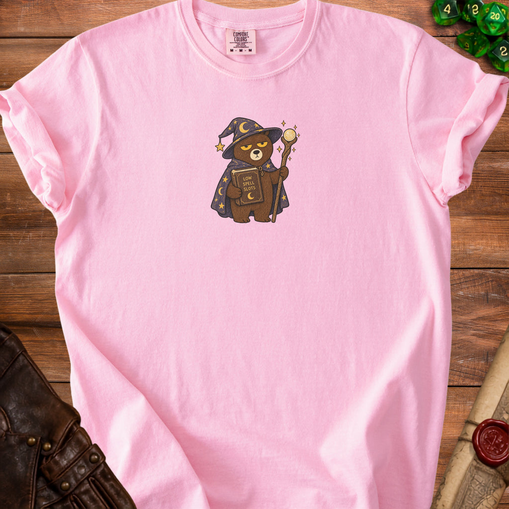 Pink t-shirt with wizard bear graphic reading "Low Spell Slots".