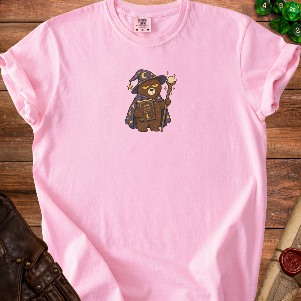 Pink t-shirt with wizard bear graphic reading "Low Spell Slots".