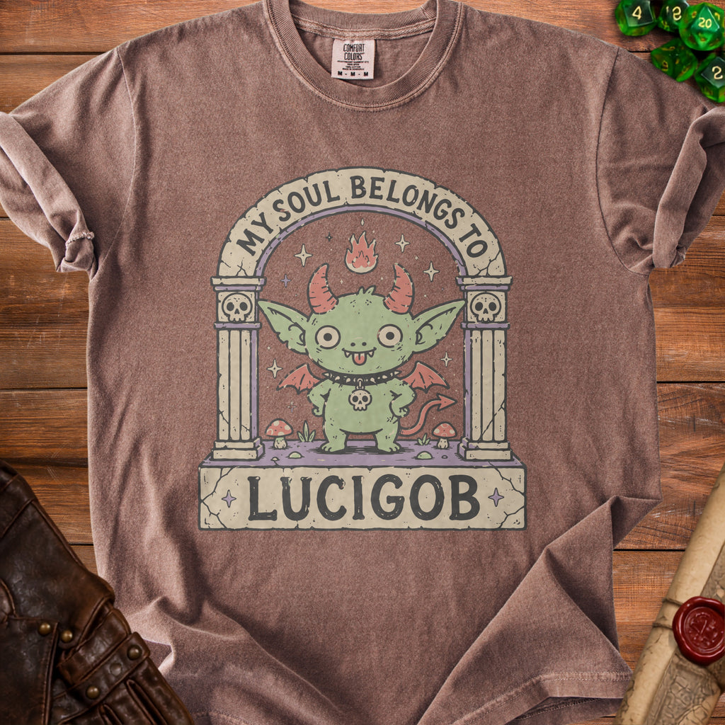 Brown t-shirt with a graphic of a green devil character and text "MY SOUL BELONGS TO LUCIGOB".