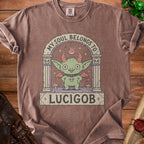 Brown t-shirt with a graphic of a green devil character and text "MY SOUL BELONGS TO LUCIGOB".