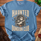 Blue shirt with "Haunted Dungeon Club" text and a ghost holding keys.