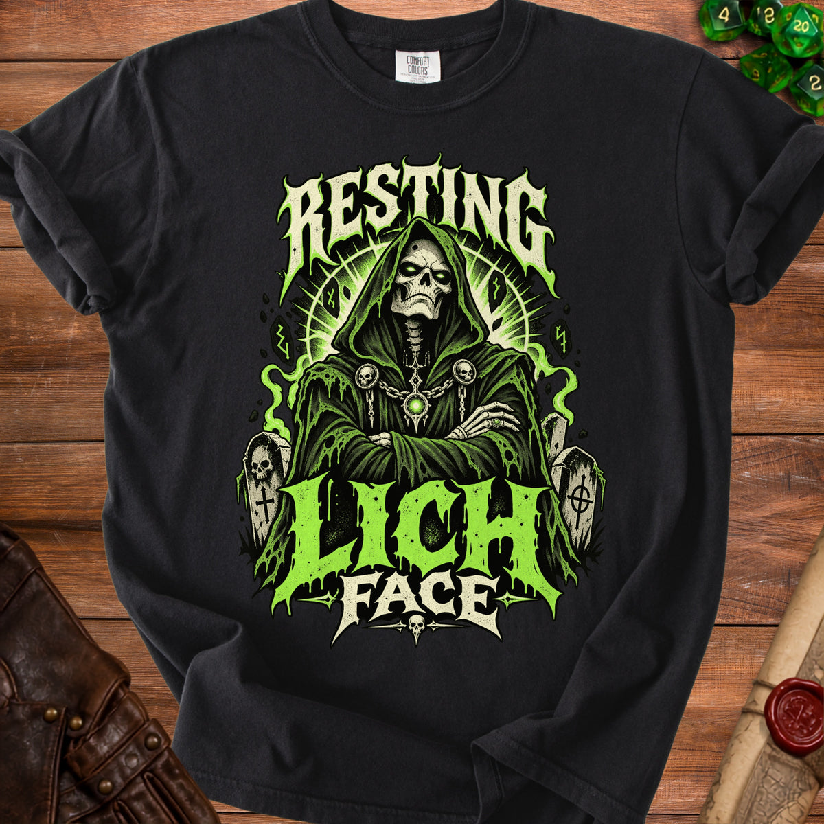 Black t-shirt featuring a grim reaper and text reading "Resting Lich Face."