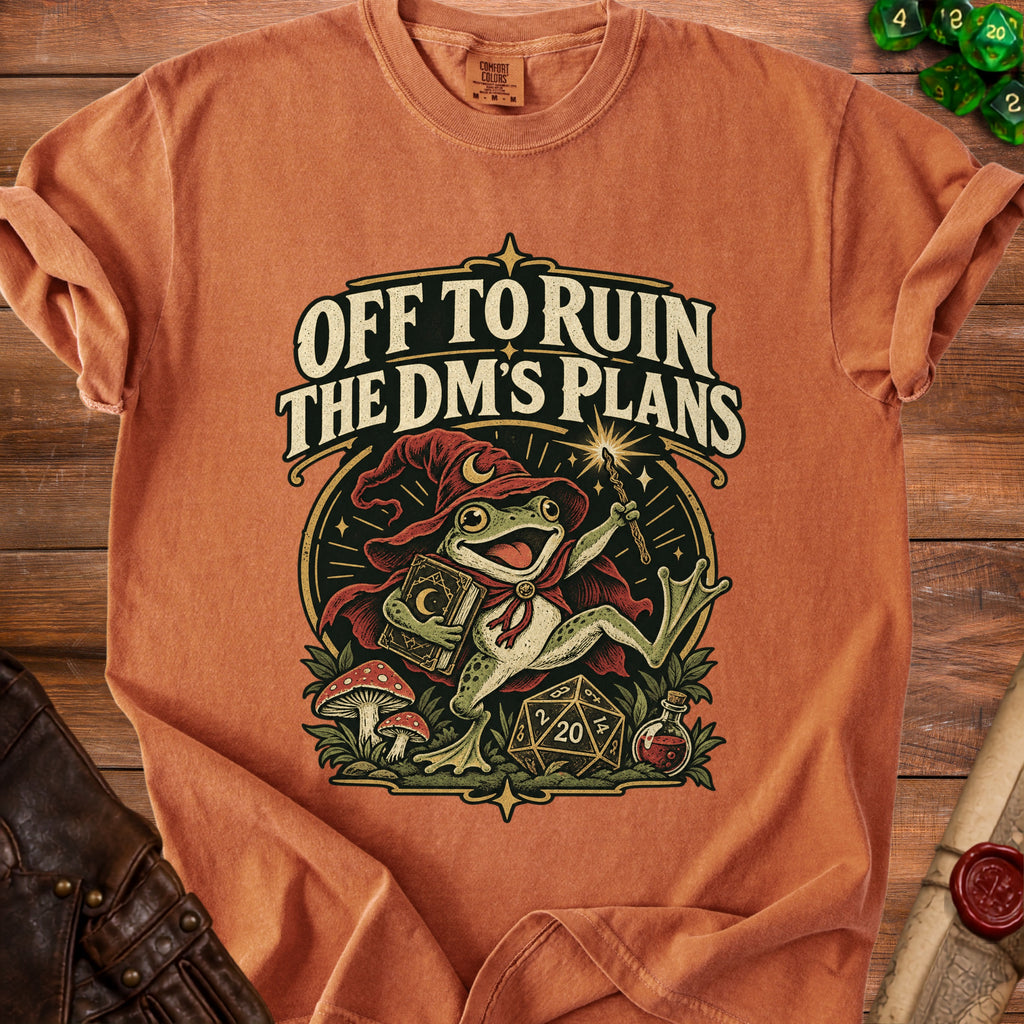 Orange t-shirt graphic features a wizard frog with text "Off to Ruin the DM's Plans."