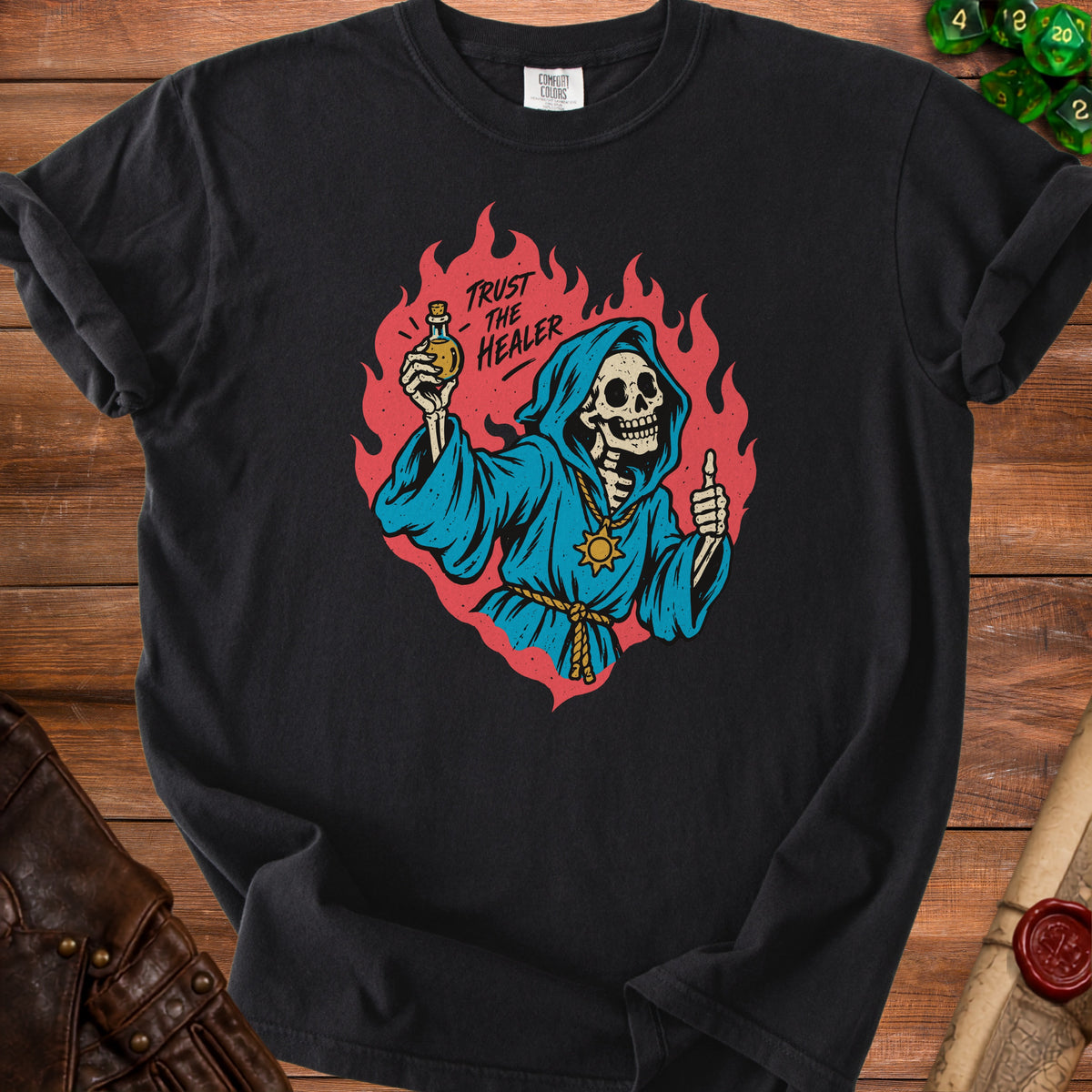 Black t-shirt with grim reaper holding potion and text "Trust the Healer".