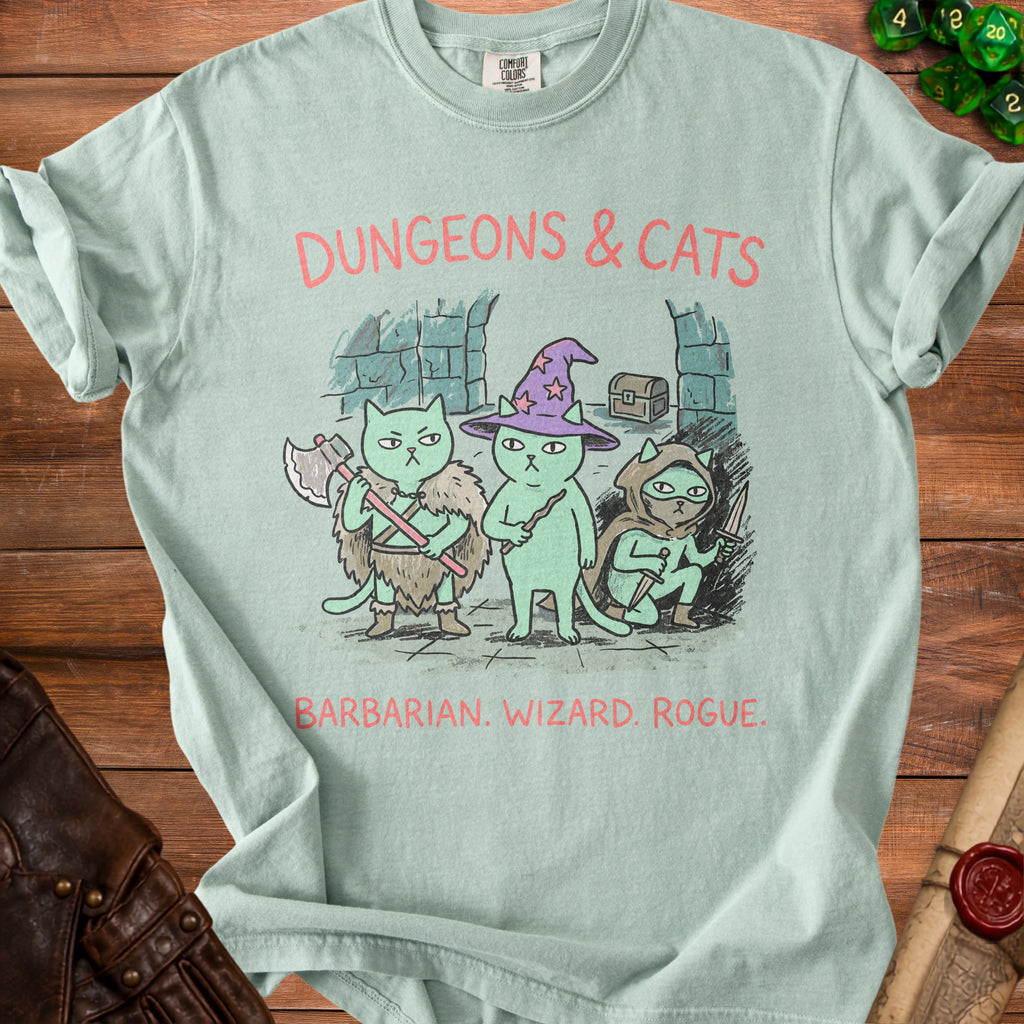 Light blue t-shirt with cartoon cats dressed as D&D characters: Barbarian, Wizard, Rogue.